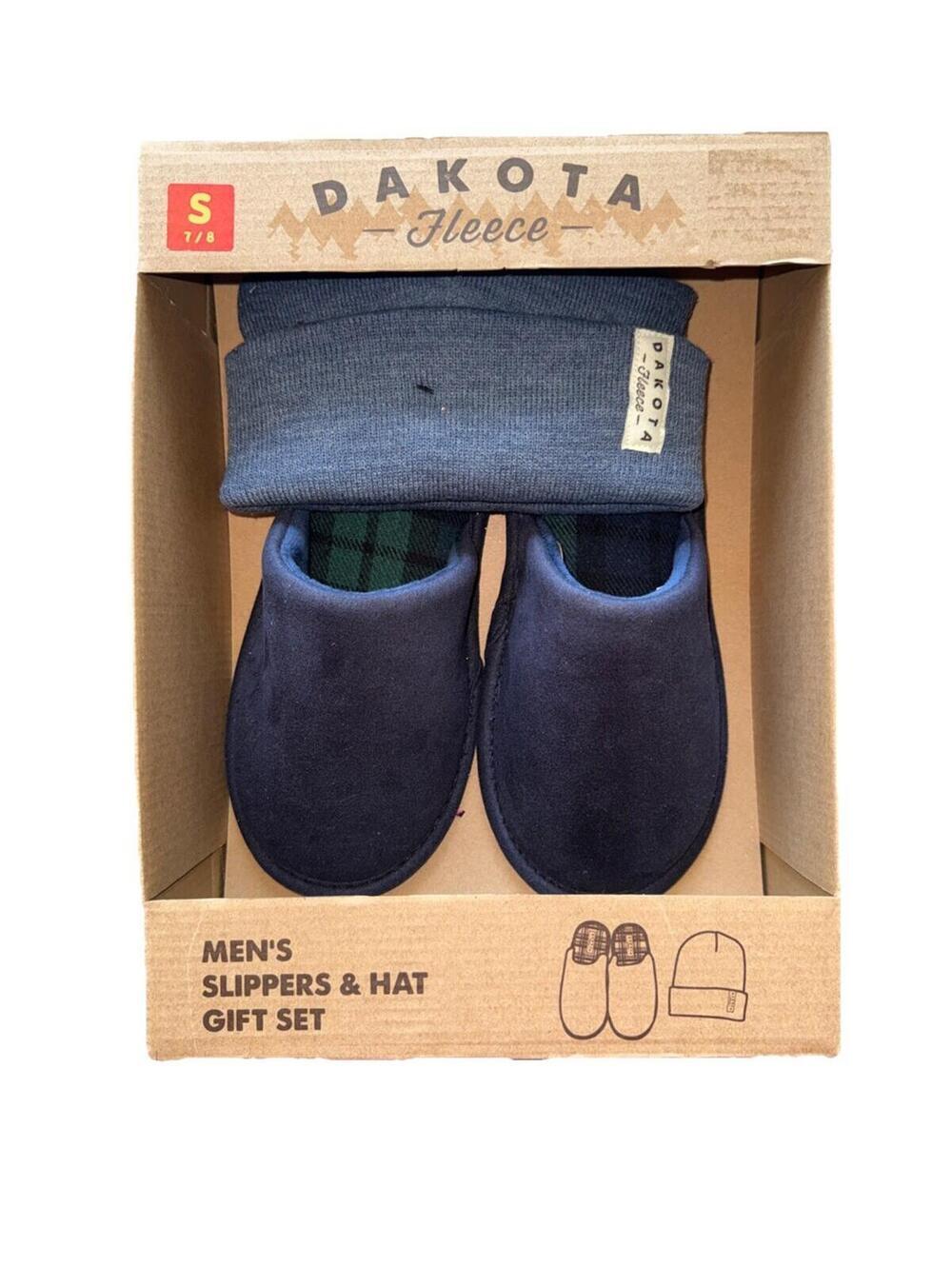 Dakota Fleece Men’s Slipper & Knit Beanie Hat Set Blue Small 7-8